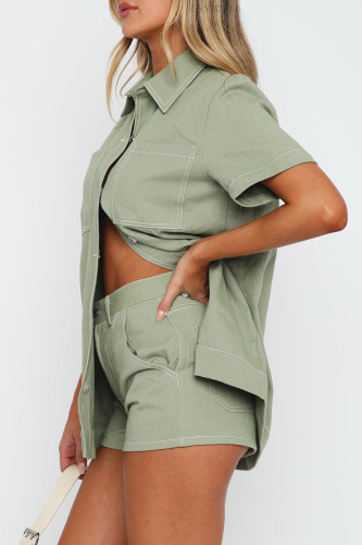 Retro Workwear Short Sleeve Shirt Shorts Two-Piece Set