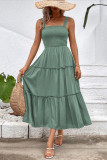 Solid Color Suspender Square Collar Waist Cinching Dress