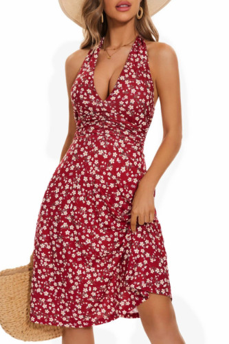 Bohemian Floral Print Hanging Neck Dress