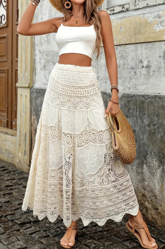 Ethnic Style Lace Hook Flower Solid Color Skirt