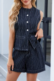 Striped Print Sleeveless Vest Shorts Denim Two-Piece Set