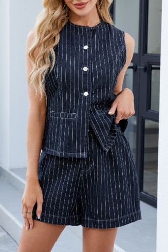 Striped Print Sleeveless Vest Shorts Denim Two-Piece Set