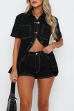 Retro Workwear Short Sleeve Shirt Shorts Two-Piece Set