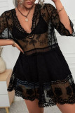 Solid Color Lace Hollowed Out Beach Cover Shirt