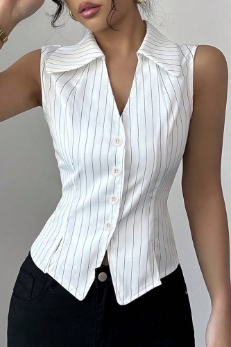 Striped Printed Lapel Sleeveless Shirt