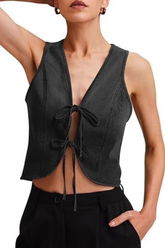 Washed Denim Fashion Lace Up Sleeveless Vest