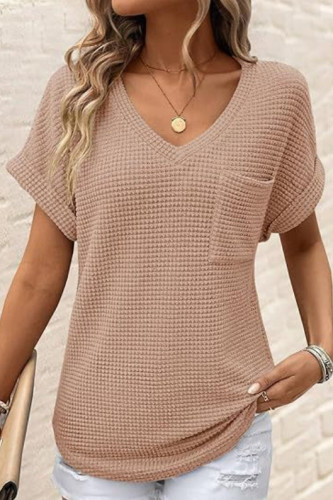 Waffle Knit V-Neck Short Sleeved T-Shirt