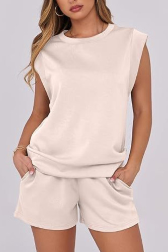 Solid Color Hooded Round Neck Top ShortsTwo-Piece Set