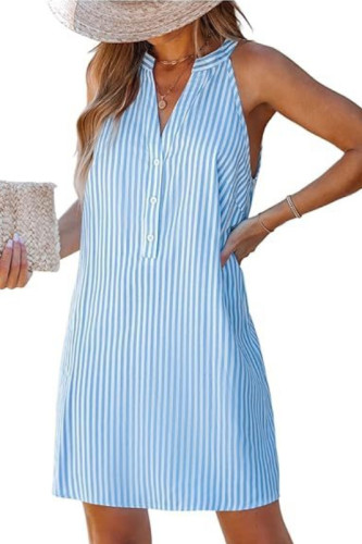 Summer Stripe Print V-Neck Sleeveless Casual Dress