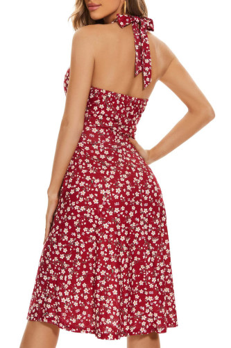 Bohemian Floral Print Hanging Neck Dress