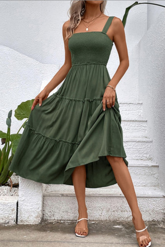 Solid Color Suspender Square Collar Waist Cinching Dress