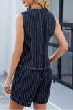 Striped Print Sleeveless Vest Shorts Denim Two-Piece Set