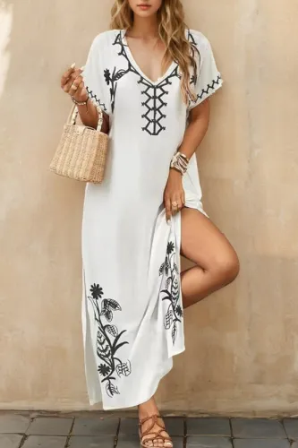 Embroidered Loose Short Sleeved Beach Dress