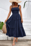 Solid Color Suspender Square Collar Waist Cinching Dress