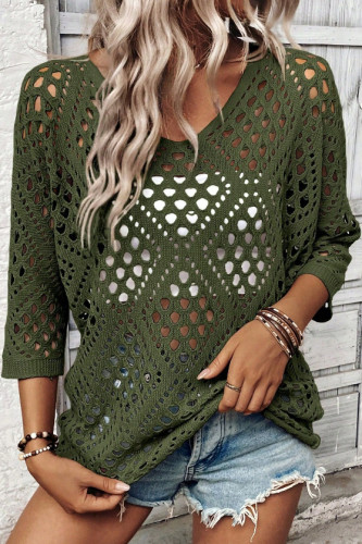 Solid Color V-Neck Hollow Knit Sweater