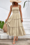 Solid Color Suspender Square Collar Waist Cinching Dress
