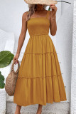 Solid Color Suspender Square Collar Waist Cinching Dress
