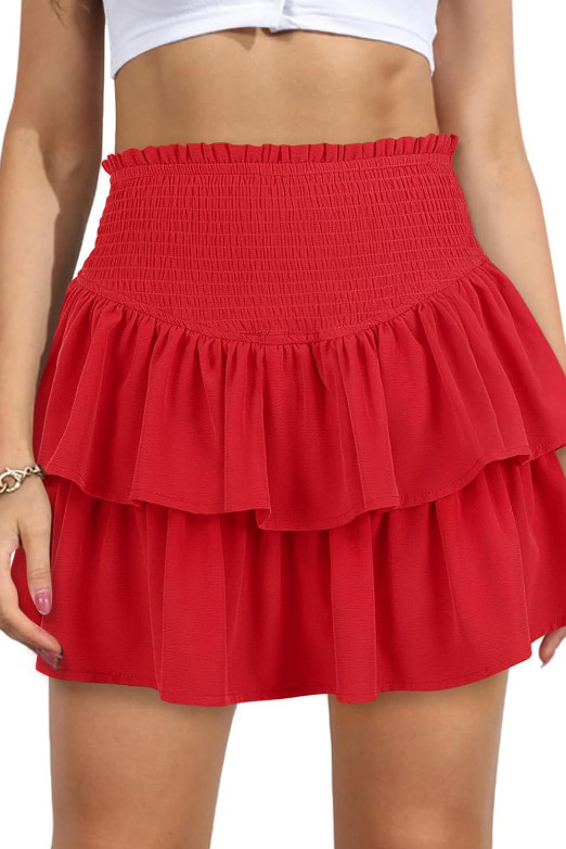High Waisted Solid Color Pleated Ruffle Edge Skirt