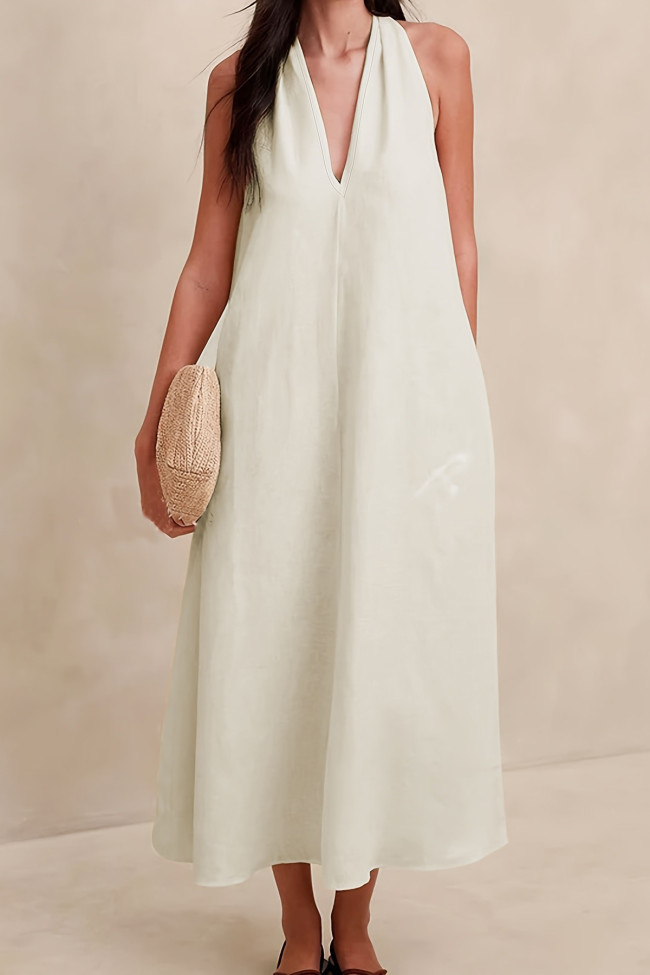 V-Neck Sleeveless Solid Color Dress