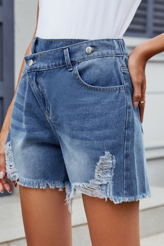 Irregular Washing Fringed Denim Shorts