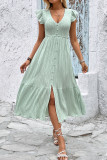 Light Green V-Neck Ruffled Short Sleeved Dress