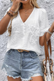 Solid Color Short Sleeved V-Neck Lace Shirt