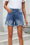 Irregular Washing Fringed Denim Shorts
