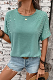Solid Color Nail Bead Round Neck Backless T-Shirt