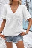 Solid Color Short Sleeved V-Neck Lace Shirt