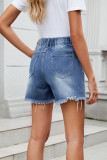 Irregular Washing Fringed Denim Shorts