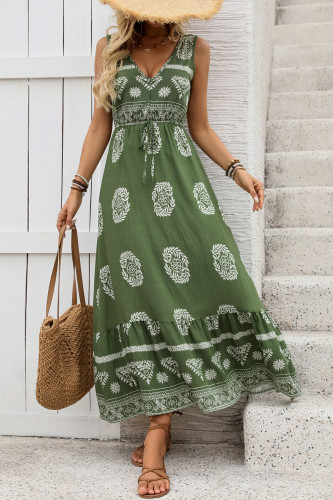 Ethnic Style Sleeveless V-Neck High Waisted Dress