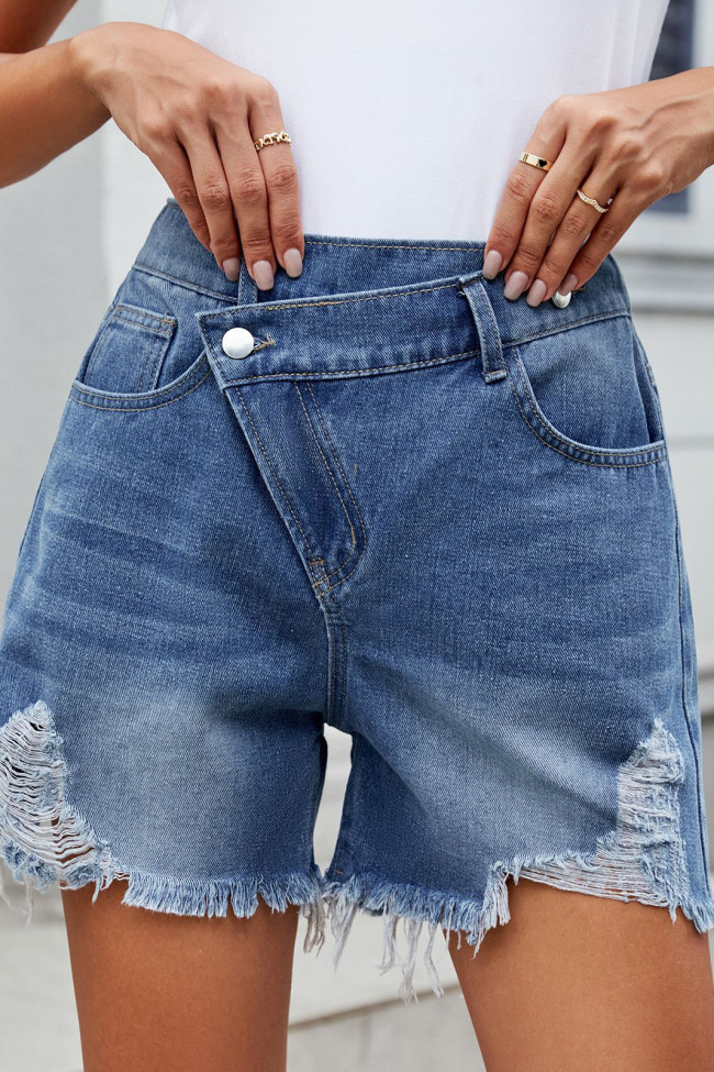 Irregular Washing Fringed Denim Shorts