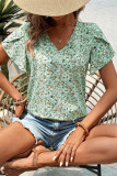 V-Neck Heart Printed Ruffled Short Sleeved Shirt