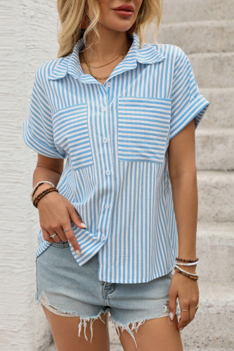 Lapel Striped Printed Short Sleeved Cardigan Shirt