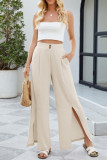 High Waisted Button Solid Color Wide Leg Pants
