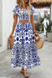 Square Neck Printed Short Sleeved Skirt Two-Piece Set