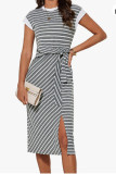 Short Sleeve Striped Round Neck High Waisted Dress
