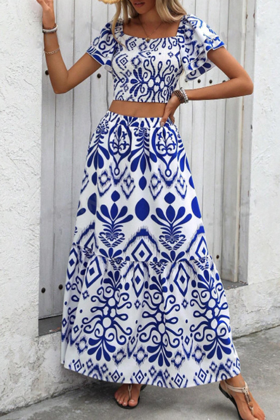 Square Neck Printed Short Sleeved Skirt Two-Piece Set