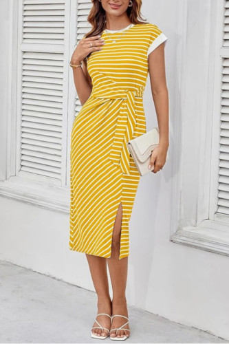 Short Sleeve Striped Round Neck High Waisted Dress