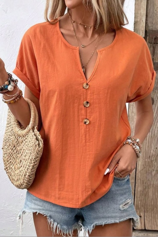 Summer Button V-Neck Short Sleeved T-Shirt