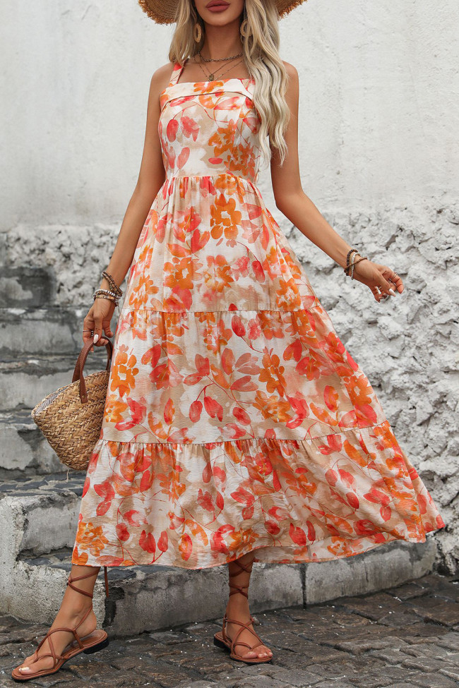 V-Neck Camisole Floral Print Backless Dress
