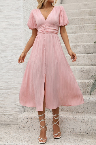 Summer V-Neck Lantern Short Sleeve Slit Dress