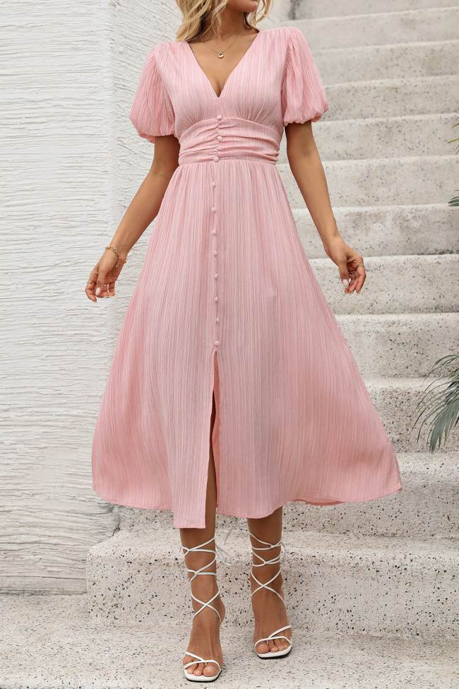 Summer V-Neck Lantern Short Sleeve Slit Dress