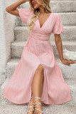 Summer V-Neck Lantern Short Sleeve Slit Dress