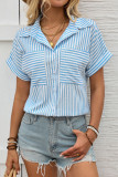 Lapel Striped Printed Short Sleeved Cardigan Shirt