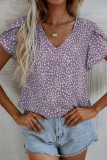 V-Neck Heart Printed Ruffled Short Sleeved Shirt