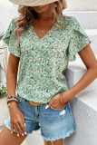 V-Neck Heart Printed Ruffled Short Sleeved Shirt