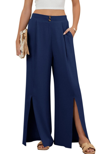 High Waisted Button Solid Color Wide Leg Pants