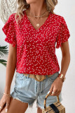 V-Neck Heart Printed Ruffled Short Sleeved Shirt