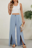 High Waisted Button Solid Color Wide Leg Pants